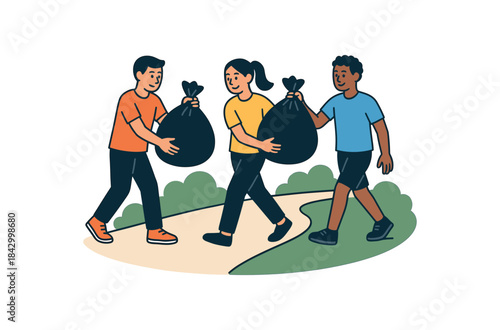 Flat vector illustration of volunteers carrying trash bags together: teamwork sack icons and pathway rounded shapes clean outline clean white background