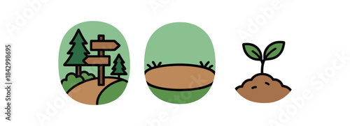 Flat vector illustration of forest trail restored after cleanup: signpost clean ground and sprouting seedling rounded shapes clean outline clean white background