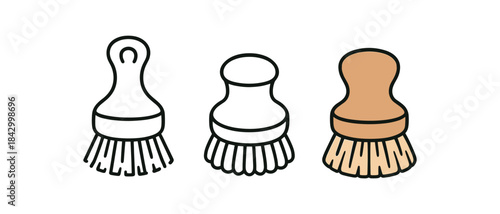 Flat vector illustration natural bristle brushes for dishes vegetables and sink soft rounded forms clean outline one black and white flat version one outline version one color version cozy
