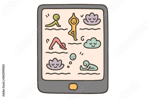 Tablet with a drawing of people doing yoga poses