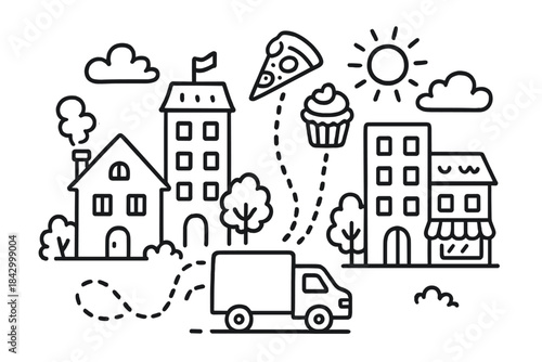 Black and white drawing of a city with a truck driving down the street