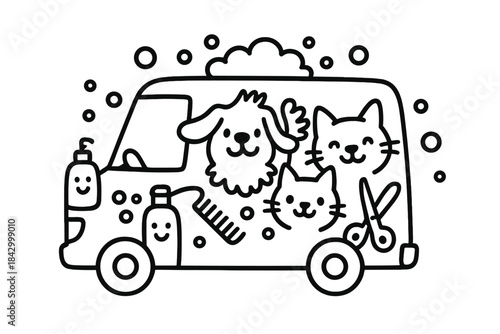 Cartoon drawing of a dog, cat, and dog groomer in a van
