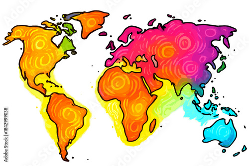 Colorful world map with the continents of Africa, Asia, Europe, and America