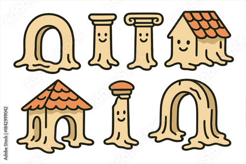 Set of cartoonish buildings made of clay, including a house, a dome
