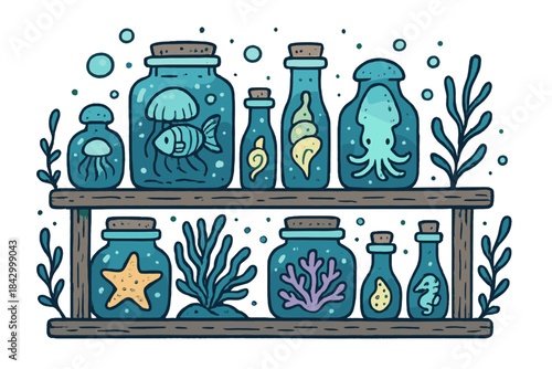 Shelf full of glass jars with sea creatures in them