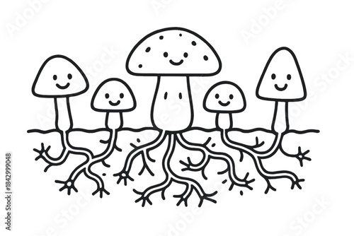 Group of mushrooms with smiling faces are shown with their roots