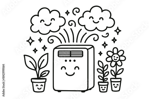 Cartoon drawing of a small air conditioner with a smiling face
