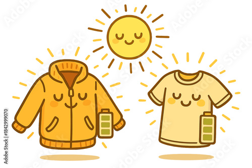 Two cartoon characters are wearing yellow clothes and holding a battery