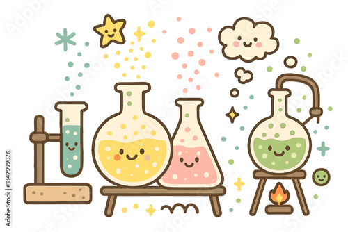 Cartoon drawing of a lab with three beakers and a flask