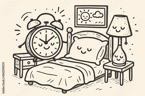 Cartoon drawing of a bed with a clock and a pillow