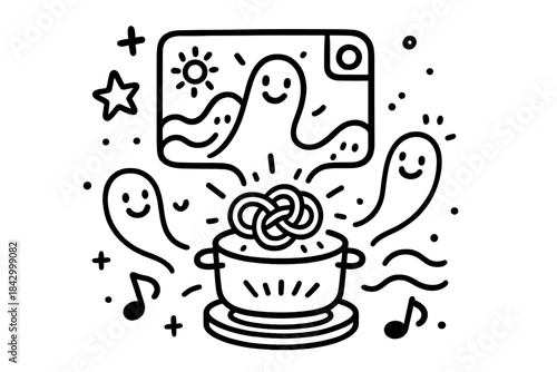 Cartoon drawing of a pot with a ghostly face on it