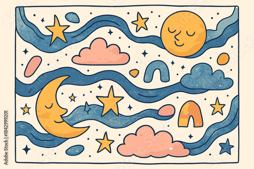 Painting of a river with a moon and stars