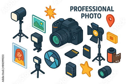 Photography equipment flat icon set. featuring camera, flash, lens, tripod, photo, and location symbols