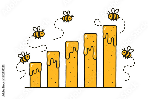 Cartoon of bees flying around a honeycomb with a series of honey sticks