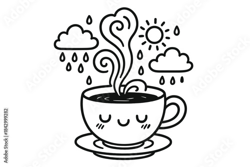 Cup of coffee with steam coming out of it and a smiling face on it