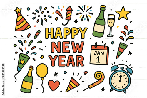 New year flat icon set. featuring fireworks, champagne, clock, calendar, hat, and balloons