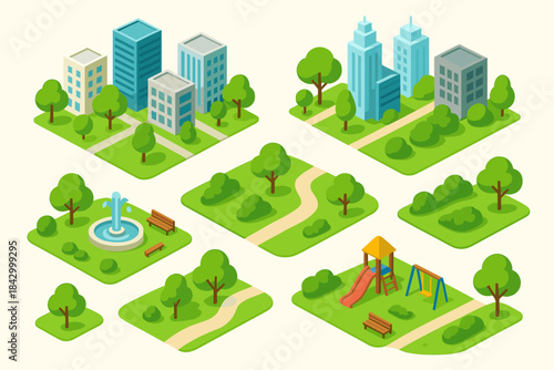 Urban elements isometric icon set. featuring skyscrapers, park, fountain, trees, playground, and paths