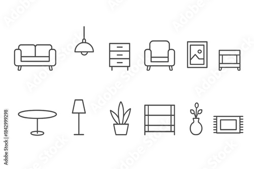 Home interior linear icon set. featuring sofa, lamp, dresser, picture, chair, table, plant, shelf, vase, rug