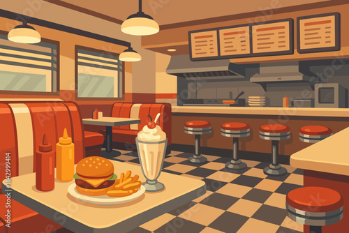 50s diner flat icon set. featuring burger, fries, milkshake, jukebox, and soda symbols