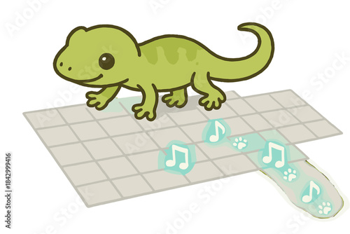 Cartoon lizard is walking on a tile floor with musical notes