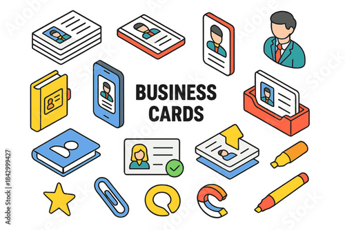 Business cards flat icon set. featuring cards, holder, photo id, profile, contact, star, paperclip, and pen symbols
