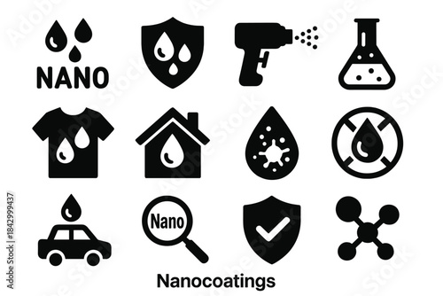 Nanocoatings silhouette icon set. featuring waterproof, shield, spray gun, laboratory flask, molecule icons