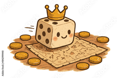Cartoon character is playing a game of dice with a crown on top