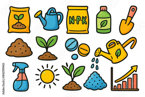 Gardening linear icon set. featuring watering can, shovel, fertilizer, compost, plant, and sun symbols