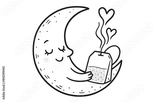 Cartoon of a smiling moon holding a tea bag