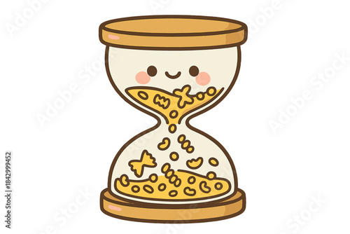 Cartoonish timepiece with a smiling face and a pile of pasta inside