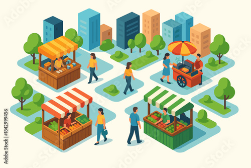 Marketplace flat icon set. including food stalls, vendors, customers, cityscape, trees, and park
