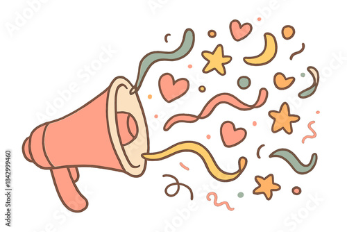 Cartoonish red microphone with a bunch of confetti and stars surrounding it