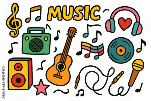 Music flat icon set. featuring guitar, headphones, microphone, speaker, music note, radio, and record symbols