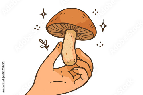Hand holding a mushroom