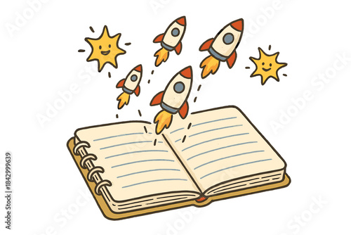 Book is open to a page with a rocket on it