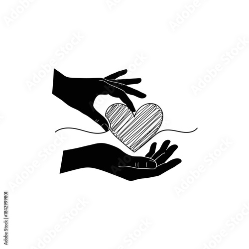 Black silhouette graphic of one hand gently giving a sketched heart to another open hand, symbolizing compassion.