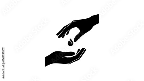 A black and white silhouette of one hand dropping a tear-shaped droplet into another cupped hand, symbolizing giving and receiving.