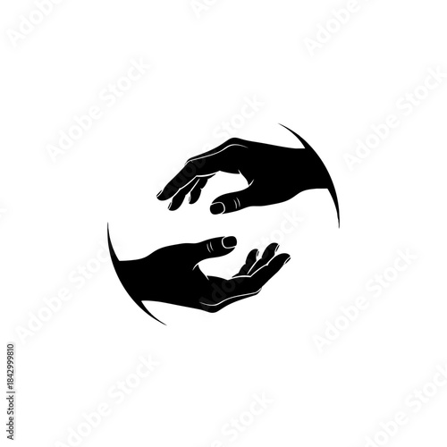 Two black silhouette hands facing each other in a circular, balanced design, symbolizing connection, care, or interaction.