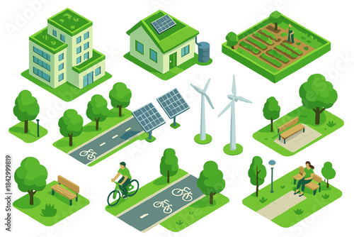 Eco-friendly living isometric icon set. featuring house, garden, solar panel, wind turbine, bicycle, and park symbols
