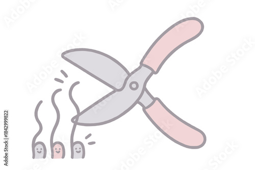 Pair of scissors is shown with a cartoonish illustration of a person's hand ho