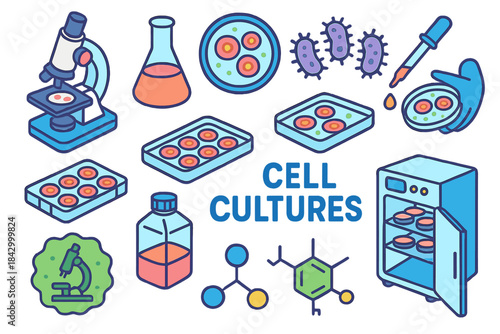 Science and research linear icon set. featuring cell cultures, microscope, petri dish, bacteria, and pipette symbols