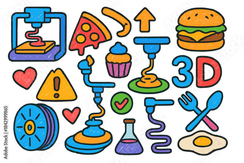Hobby and food chalk icon set. featuring 3d printer, pizza, hamburger, cupcake, warning, and heart symbols