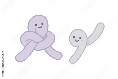 Two cartoon characters, one with a knot tied around its neck