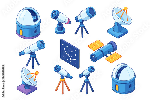 Space exploration isometric icon set. featuring telescope, observatory, satellite, and radar symbols