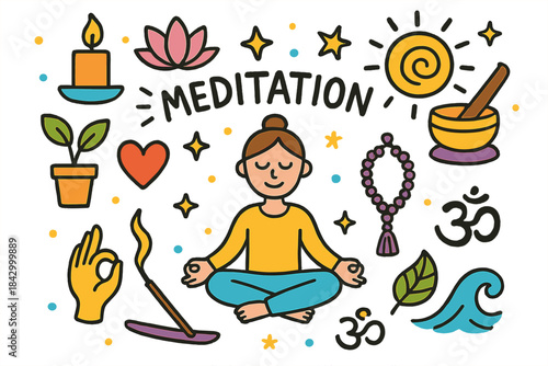 Meditation flat icon set. featuring candle, lotus, woman meditating, sun, singing bowl, and incense symbols