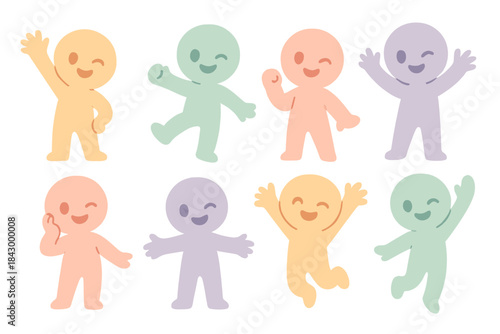Group of colorful cartoon characters are smiling and waving at the camera