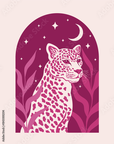 Mystical pink leopard in night Jungle. Boho wild cheetah poster