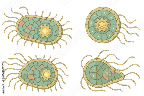 Steampunk Microbial Mechanisms. Isometric vector illustration set Steampunk microbial mechanisms: stained glass cell walls, brass