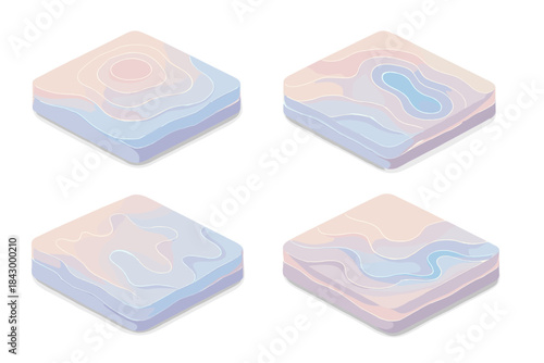 Pastel Isometric Topography. Isometric vector illustration set Depth tone atlas: abstract watercolor layers, glowing neon markings