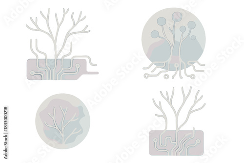 Fungal Circuit Art. Isometric vector illustration set Circuit mycology: fungal filaments entwined with printed paths, watercolor